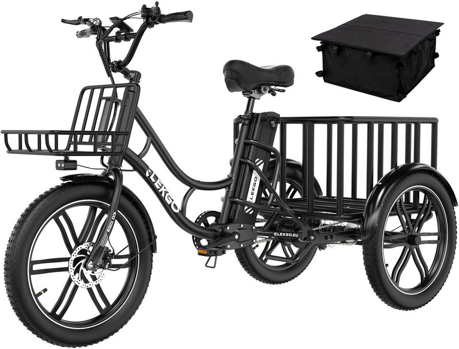ELEKGO E-Bike Elektrisches Dreirad 20*3,0 zoll E-Dreirad Cargo mit 48V18Ah Akku Lastenfahrrad, 1 Gang, Kettenschaltung, Heckmotor, 864 Wh, Mit Körben vorne und hinten für Erwachsene zwischen 16 und 60 Jahren