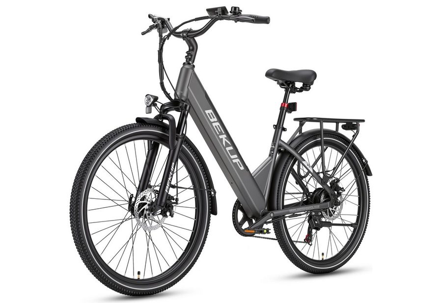 BEKUP E-Bike Cityrad Herren u. Damen 26 Zoll Fatbike mit 250 W Heckmotor bis zu 120 km, 7 Gang Shimano Shimano Tourney TZ Schaltwerk, Kettenschaltung, Heckmotor, 522 Wh, (Komplettset, E-Bike inklusive Akku und Ladegerät), Für lange Touren mit 45 Nm, Farbdisplay und Scheibenbremse