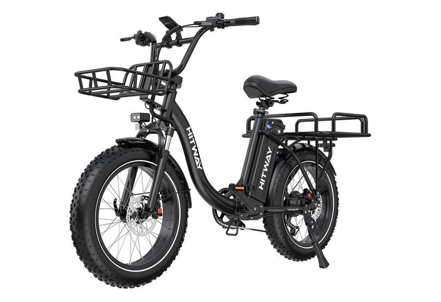HITWAY E-Bike Cityrad 20*4,0 Zoll E-Lastenrad mit hydraulischer Scheibenbremse bis zu 160 km, 7 Gang shimano shimano Schaltwerk, Kettenschaltung, Heckmotor, 1296 Wh, E-BIKE mit 2 Körben, NFC,APP, StVZO