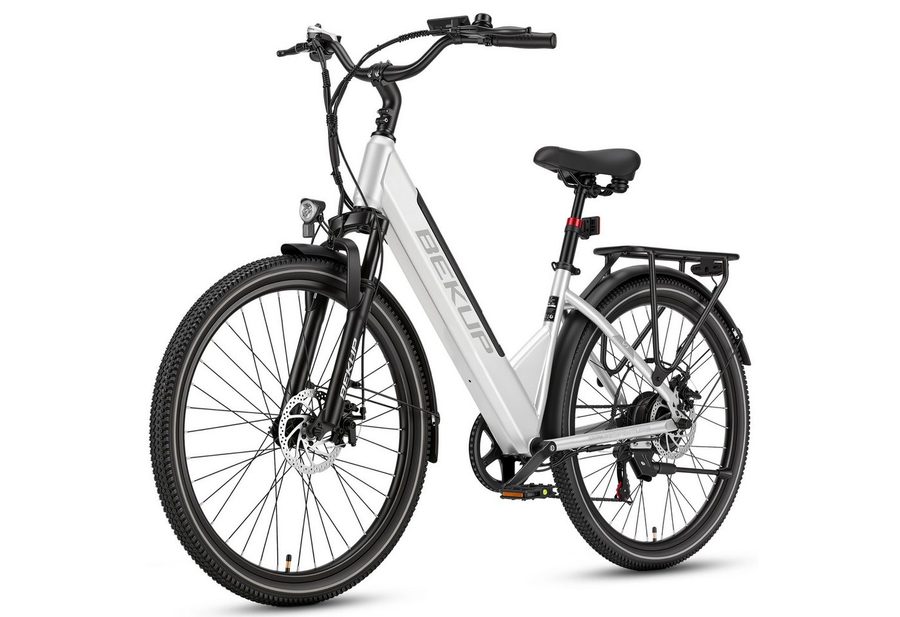 BEKUP E-Bike Cityrad Herren u. Damen 26 Zoll Fatbike mit 250 W Heckmotor bis zu 120 km, 7 Gang Shimano Shimano Tourney TZ Schaltwerk, Kettenschaltung, Heckmotor, 522 Wh, (Komplettset, E-Bike inklusive Akku und Ladegerät), Für lange Touren mit 45 Nm, Farbdisplay und Scheibenbremse