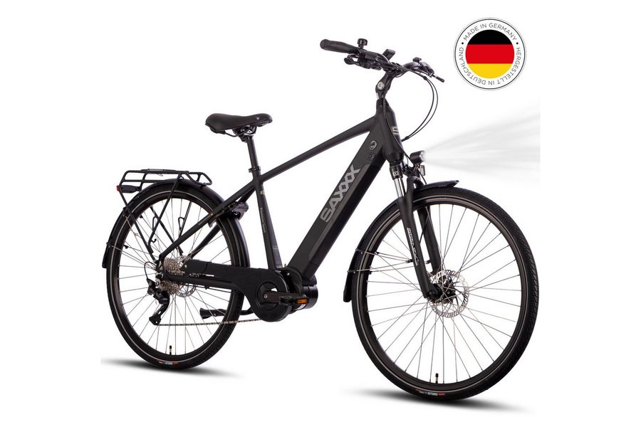 SAXXX E-Bike Trekkingrad 28 Zoll City-Pedelec für Alltag und Touren, 10 Gang SHIMANO Deore Schaltwerk, Mittelmotor, 522 Wh, (mit abnehmbarem Akku mit Rahmenschloss zu 95 % vormontiert), Komfortabel fahren mit Mittelmotor und starkem Akku