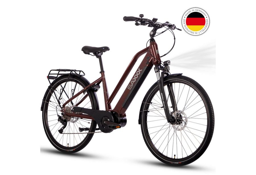 SAXXX E-Bike Trekkingrad 28 Zoll City-Pedelec mit starkem Antrieb, 10 Gang SHIMANO Deore Schaltwerk, Kettenschaltung, Mittelmotor, 522 Wh, (mit abnehmbarem Akku mit Schloss vormontiert zu 95), Mit Federgabel, Gepäckträger und Scheibenbremsen
