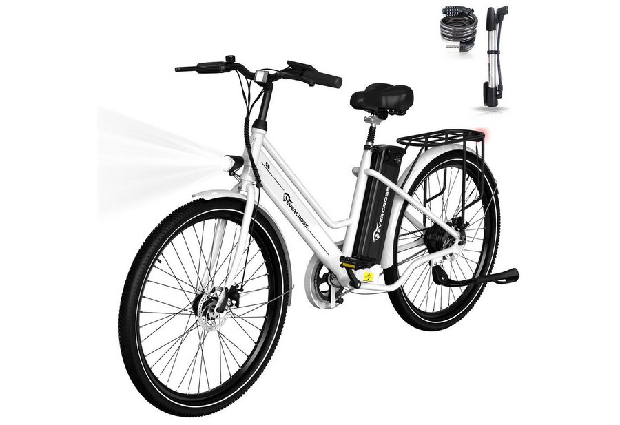 EVERCROSS TECH E-Bike Cityrad für Pendler,26-Zoll-Elektrofahrrad,36V 15,6AH Lithiumbatterie, Heckmotor, 561,6 Wh, 90Km, 1 Gang,E-Citybike mit Schloss, Pumpe