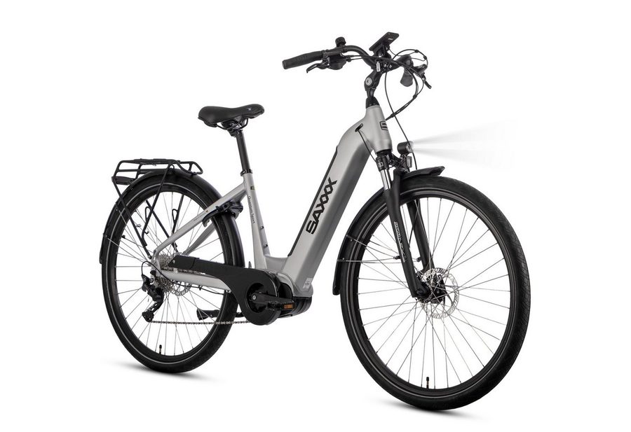 SAXXX E-Bike Trekkingrad Damen u. Herren 28'' SAXXX QSW, 540Wh, 60-100m, hydr. Scheibenbremsen, 10 Gang SHIMANO Deore Schaltwerk, Kettenschaltung, Mittelmotor, 540 Wh, (mit Akku-Schlüssel, mit entnehmbarem Akku, mit Gepäckträger), 25km/h, Pedelec E-Trekkingrad mit Tiefeinstieg, 130kg