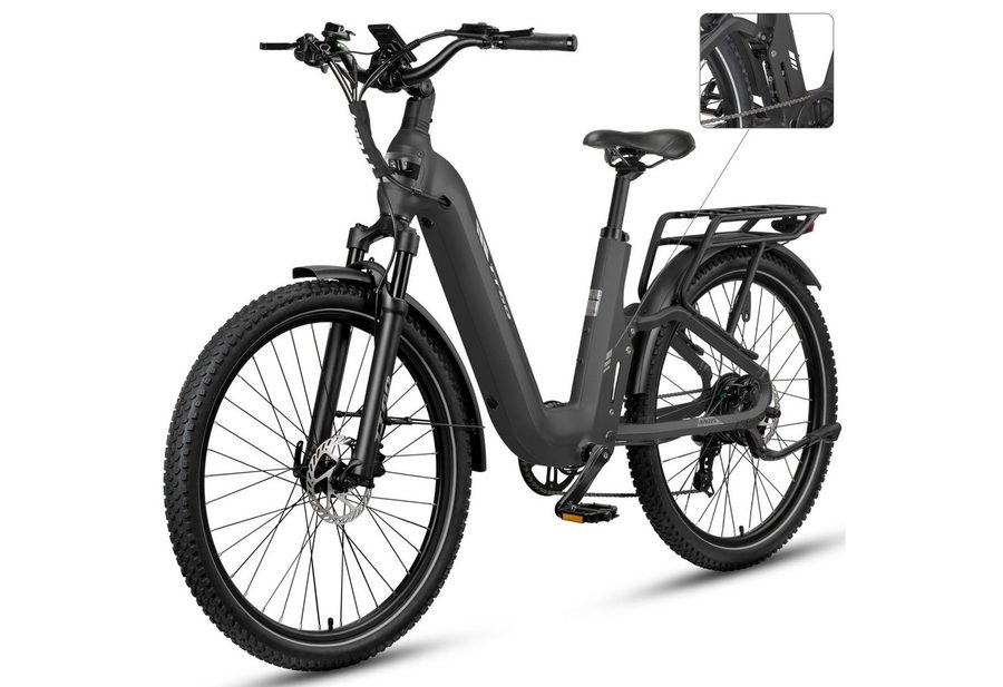 TTGO E-Bike Cityrad 28 Zoll, Fully, Vollfederung, 120km, Drehmomentsensor, mit Bremslicht, 7 Gang Shimano, Kettenschaltung, Heckmotor, 720 Wh, (5 Stufen, Farb-LCD-Display, Hydraulische Scheibenbremsen), SUV, 70Nm, Pedelec, Elektrofahrrad für Damen und Herren