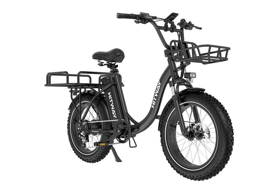 HITWAY E-Bike Cityrad Pedelec 20x4.0 48V 27Ah Drehmomentsensor, 7 Gang shimano, Kettenschaltung, Heckmotor, 1296 Wh, Bis zu 160 km, Hydr. Scheibenbremsen, Lockout-Federgabel, 7-Gang, Korb