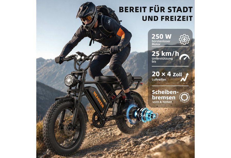 WHEELYOU E-Bike Mountainbike Herren u. Damen E-Fatbike 20 Zoll 250W 960Wh 80km Scheibenbremse, Kettenschaltung, Heckmotor, 960 Wh, (Beleuchtungsset mit Batterieladegerät, Batterieschlüssel, Werkzeug), Scheibenbremse Vollfederung LCD-Display 150kg Zuladung 39,5kg