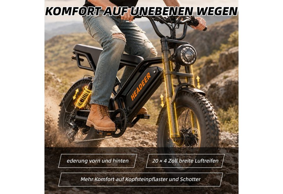 WHEELYOU E-Bike Mountainbike Herren u. Damen E-Fatbike 20 Zoll 250W 960Wh 80km Scheibenbremse, Kettenschaltung, Heckmotor, 960 Wh, (Beleuchtungsset mit Batterieladegerät, Batterieschlüssel, Werkzeug), Scheibenbremse Vollfederung LCD-Display 150kg Zuladung 39,5kg