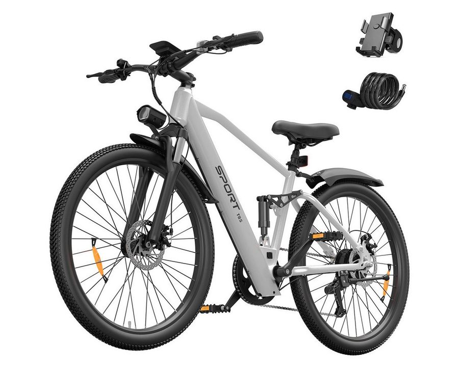 Vankel E-Bike Cityrad Herren Damen E-Mountainbike 26 Zoll 250W 624Wh 50km Shimano 7-Gang, Kettenschaltung, Heckmotor, 624 Wh, (Beleuchtungsset mit Batterieladegerät, Batterieschlüssel, Werkzeug), 25 km/h 150mm Mitteldämpfer Mechanische Scheibenbremsen 26 Zoll 24kg