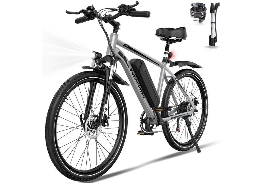 EVERCROSS TECH E-Bike Cityrad für Pendler,27,5-Zoll-Elektrofahrrad,36V 13AH AKKU, 7 Gang, Heckmotor, 468 Wh, 1 Gang, 250W, 468 Wh,E-Citybike mit Schloss, Pumpe