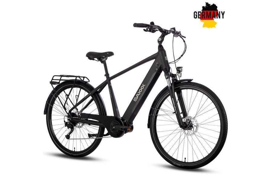 SAXXX E-Bike Cityrad 28 Zoll, 100km, 70Nm Mittelmotor, bis 130kg belastbar, 95% vormontiert, 9 Gang SHIMANO Alivio Schaltwerk, Kettenschaltung, Mittelmotor, 418 Wh, (Aluminium-Diamantrahmen, SR Federgabel, 5 Stufen mit Schiebehilfe), hydr. Bremsen, Pedelec, RH: 45/50 cm, Elektrofahrrad für Damen Herren