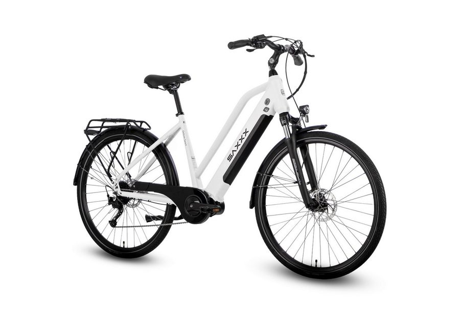 SAXXX E-Bike Cityrad 28 Zoll, 70Nm Mittelmotor, 100km, bis 130kg belastbar, 95% vormontiert, 9 Gang SHIMANO Alivio Schaltwerk, Kettenschaltung, Mittelmotor, 418 Wh, (Für Alltag, Arbeitsweg und längere Fahrten auf wechselnden Strecken), Aluminium-Trapezrahmen, hydr. Scheibenbremsen, RH: 45/50 cm