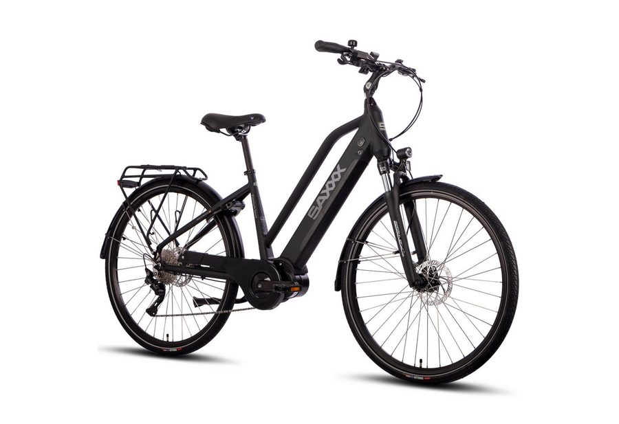 SAXXX E-Bike Trekkingrad 28x2'' für Damen u. Herren, SAXXX PST, 522Wh, 60-100km, 130kg, 10 Gang SHIMANO Deore Schaltwerk, Kettenschaltung, Mittelmotor, 522 Wh, (mit abnehmbarem Akku, mit Schloss, vormontiert zu 95), 25km/h, Pedelec, E-Cityrad, hydr. Scheibenbremsen