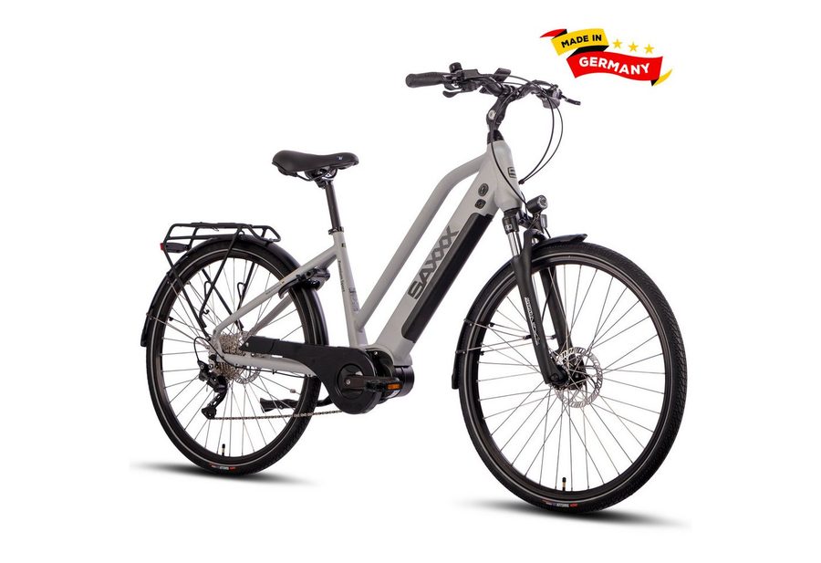 SAXXX E-Bike Trekkingrad 28x2'' für Damen u. Herren, SAXXX PST, 522Wh, 60-100km, 130kg, 10 Gang SHIMANO Deore Schaltwerk, Kettenschaltung, Mittelmotor, 522 Wh, (mit abnehmbarem Akku, mit Schloss, vormontiert zu 95), 25km/h, Pedelec, E-Cityrad, hydr. Scheibenbremsen