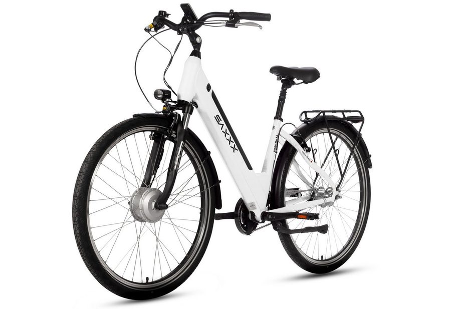 SAXXX E-Bike Cityrad 28 Zoll, max.90km, Federsattelstütze, Federgabel mit Lockout, V-Bremse, 7 Gang Shimano NEXUS Schaltwerk, Nabenschaltung, Frontmotor, 418 Wh, 5 Stufen, max. 130 kg, Pedelec, Elektrofahrrad für Damen und Herren