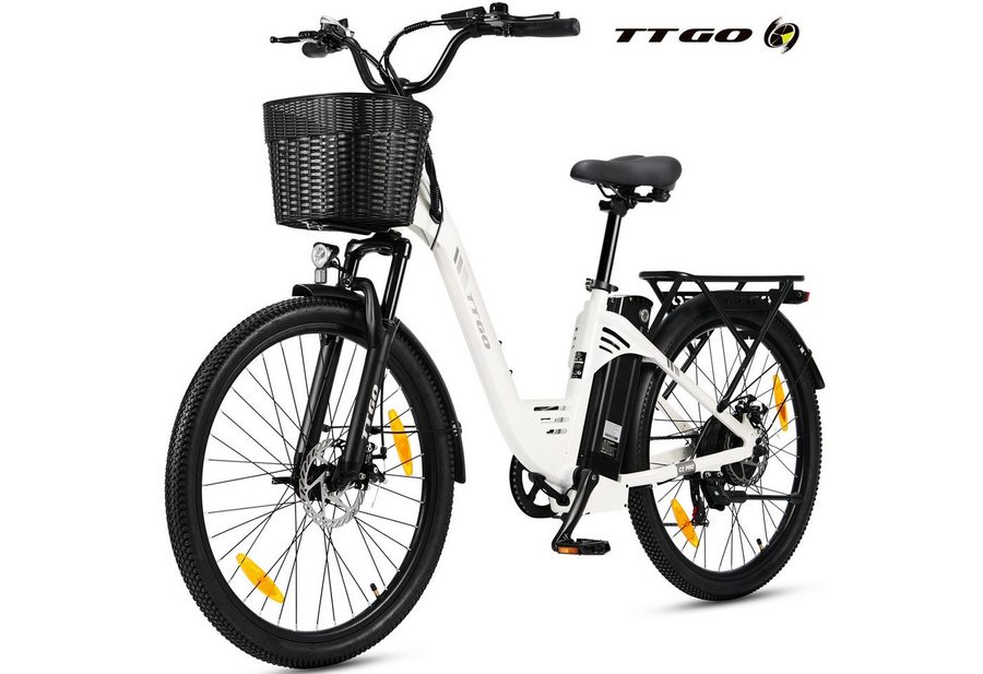 TTGO E-Bike Cityrad 26 Zoll, 650Wh, 120km, Federgabel, mit Frontkorb und Gepäckträger, 7 Gang SHIMANO, Kettenschaltung, Heckmotor, 650 Wh, (5 Stufen, Pedelec, bis zu 125kg, für ca. 160–185 cm), Farbdisplay, Aluminiumrahmen, Elektrofahrrad für Damen Herren