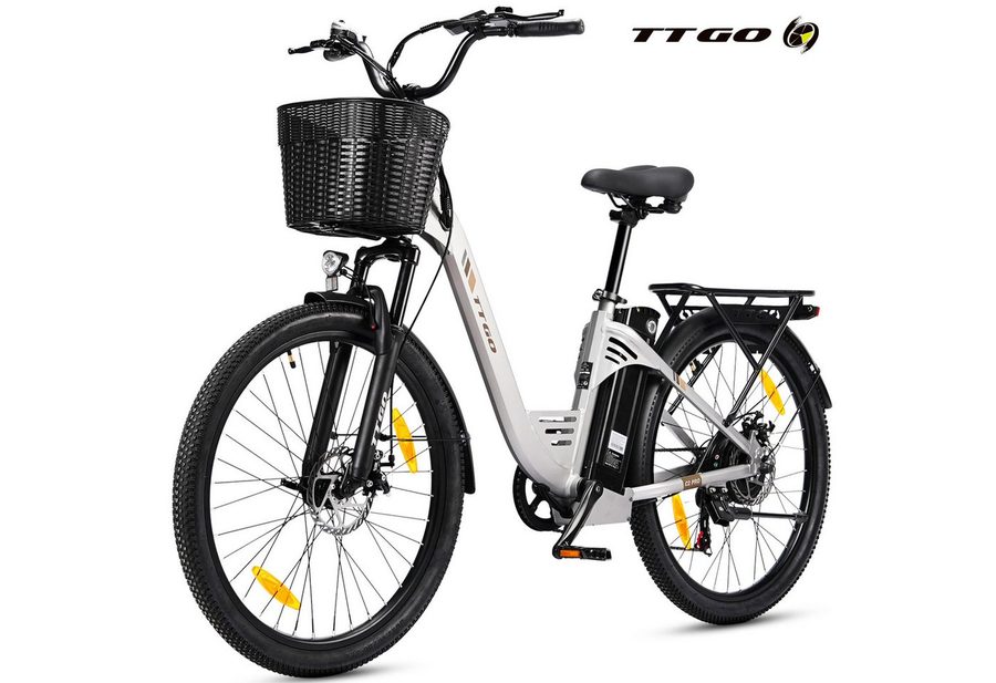 TTGO E-Bike Cityrad 26 Zoll, 650Wh, 120km, Federgabel, mit Frontkorb und Gepäckträger, 7 Gang SHIMANO, Kettenschaltung, Heckmotor, 650 Wh, (5 Stufen, Pedelec, bis zu 125kg, für ca. 160–185 cm), Farbdisplay, Aluminiumrahmen, Elektrofahrrad für Damen Herren