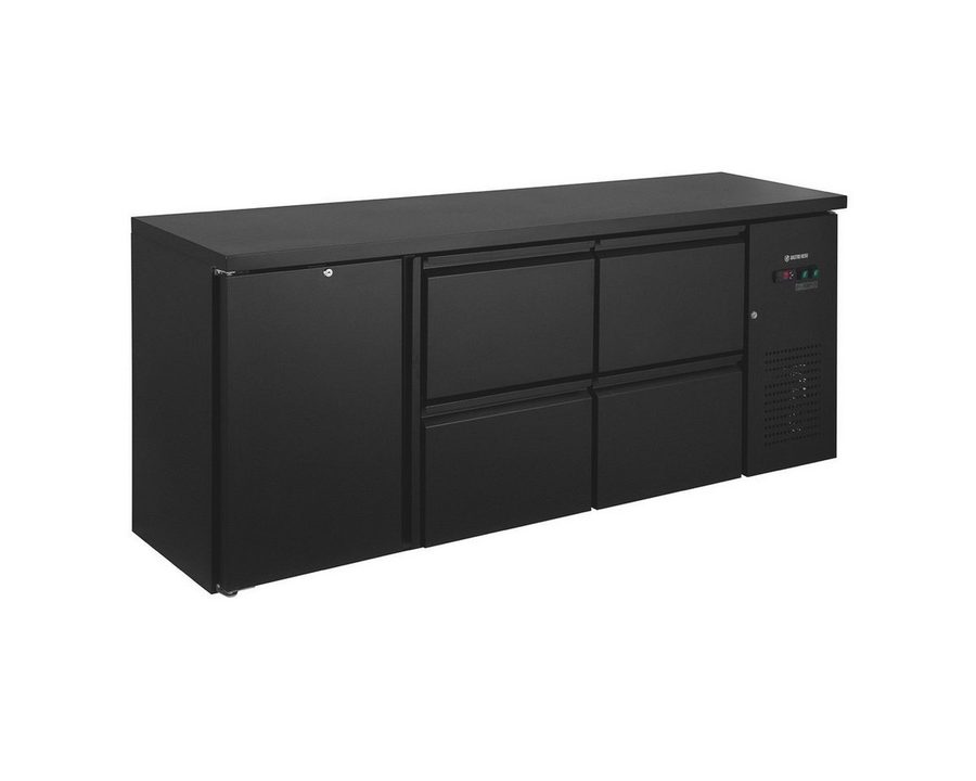 GastroHero Kühlschrank Kühlschrank Barkühltisch 1 Tür 4 Schubladen 200 cm Getränkekühlung BKT-ECO1/4, 86.8 cm hoch, 200.2 cm breit, LED-Innenbeleuchtung, Carel-Thermostat, Umluftkühlung