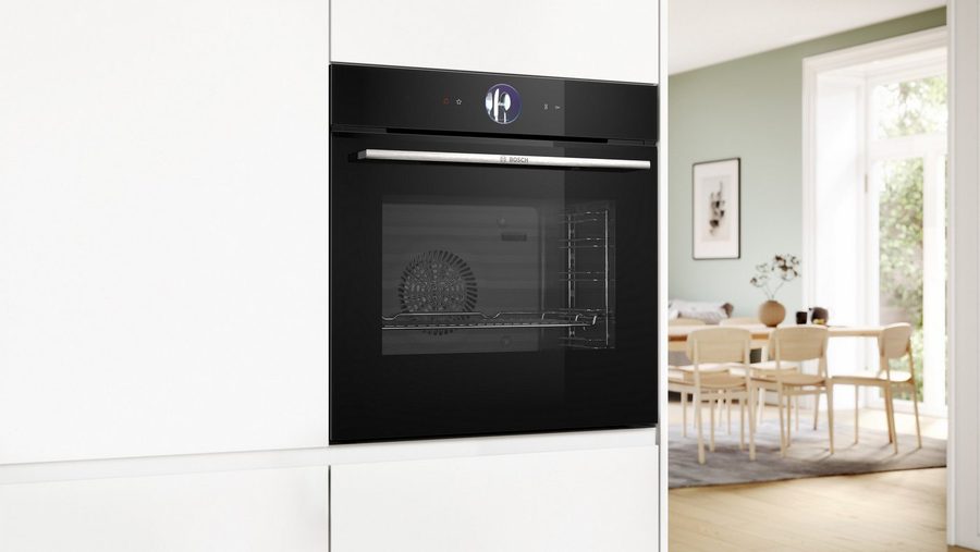 BOSCH Backofen Serie 8 HBG7363B1, mit Teleskopauszug nachrüstbar, Innovativer digitaler Bedienring & praktische Abschaltautomatik