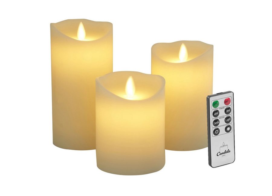 LC Home LED-Kerze Set Echtwachskerze Timerfunktion Fernbedienung LED Kerzen Dimmbar (Set, 3-tlg., LED Kerzen Set Stumpenkerzen mit Fernbedienung Timerfunktion dimmbar), LED Kerzen 3er Set in 7,5x10/12,5/15 oder 5er Set in 5x13/14/16/18/20 von LC Home