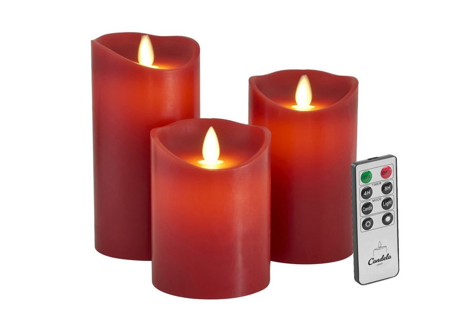 LC Home LED-Kerze Set Echtwachskerze Timerfunktion Fernbedienung LED Kerzen Dimmbar (Set, 3-tlg., LED Kerzen Set Stumpenkerzen mit Fernbedienung Timerfunktion dimmbar), LED Kerzen 3er Set in 7,5x10/12,5/15 oder 5er Set in 5x13/14/16/18/20 von LC Home