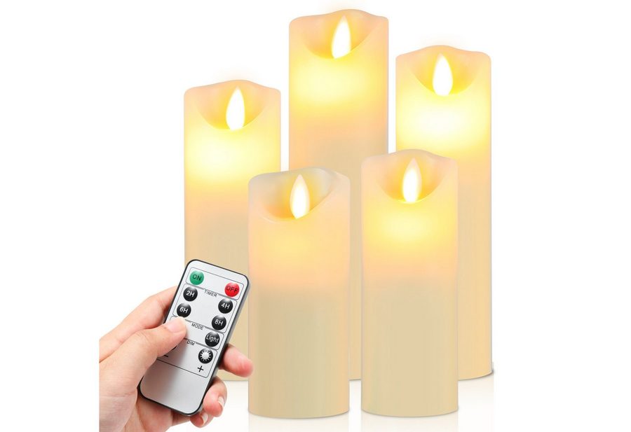 Clanmacy LED-Kerze 5er Set LED Kerzen aus Echtwachs, dimmbar mit Fernbedienung & Timer, LED fest integriert, Warmweiß, Φ 5,3cm x H. 13 / 14 / 16 / 18 / 20 cm von Clanmacy
