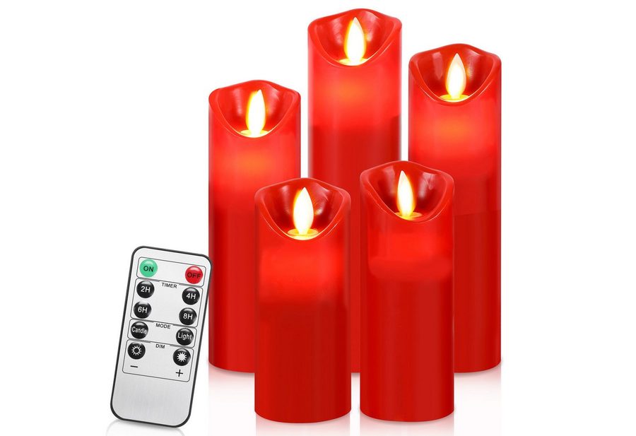 Clanmacy LED-Kerze 5er Set LED Kerzen aus Echtwachs, dimmbar mit Fernbedienung & Timer, LED fest integriert, Warmweiß, Φ 5,3cm x H. 13 / 14 / 16 / 18 / 20 cm von Clanmacy