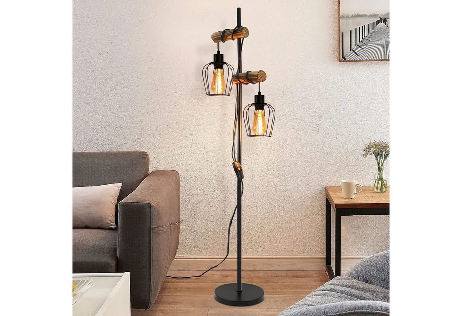 Nettlife Stehlampe Stehleuchte 2 Flammig schwarz Vintage aus Holz 151cm, mit Kippschalter, LED wechselbar, für Wohnzimmer schlafzimmer Esszimmer Büro von Nettlife