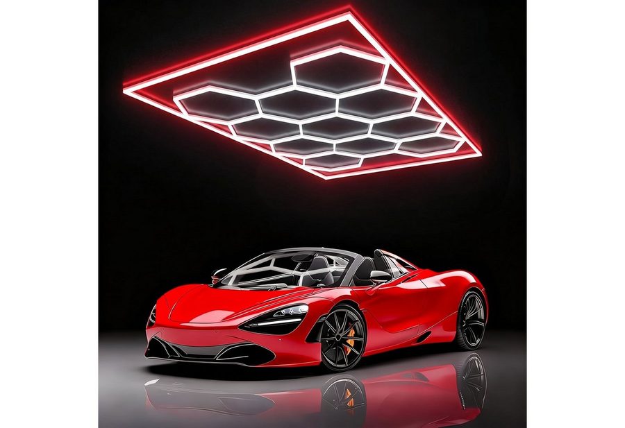 oyajia Deckenleuchten 11 Packs Hexagon mit Rot Rand, LED Deckenleuchte Garagenleuchte 500W, LED fest integriert, ‎Kaltweiß, LED Garage Light für Garage, Studio, Parkplatz, Auto-Detailing-Shop von oyajia