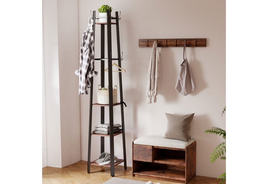 HOMCOM Garderobenständer Kleiderständer mit 4 Ablagen, 8 Haken im Industrie-Stil, (Jackenständer, 1 St., Garderobe), für Kleidung, Tasche und Hut, für Flur und Schlafzimmer Braun von HOMCOM