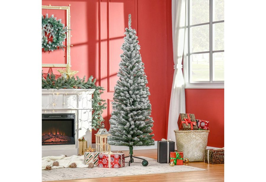 HOMCOM Künstlicher Weihnachtsbaum Bleistift Kiefernbaum 738 Spitzen Beflockter Christbaum, Künstlicher Weihnachtsbaum, Weihnachtsdeko inkl. Metallständer für drinnen von HOMCOM