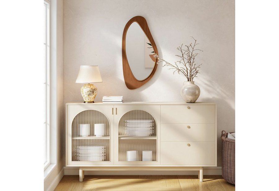 HOMCOM Wandspiegel Fenster Spiegel mit Kieferfurnierrahmen Dekorativer (Flurspiegel, 1-St., Hängespiegel), für Schlafzimmer, Wohnzimmmer, Naturholz von HOMCOM