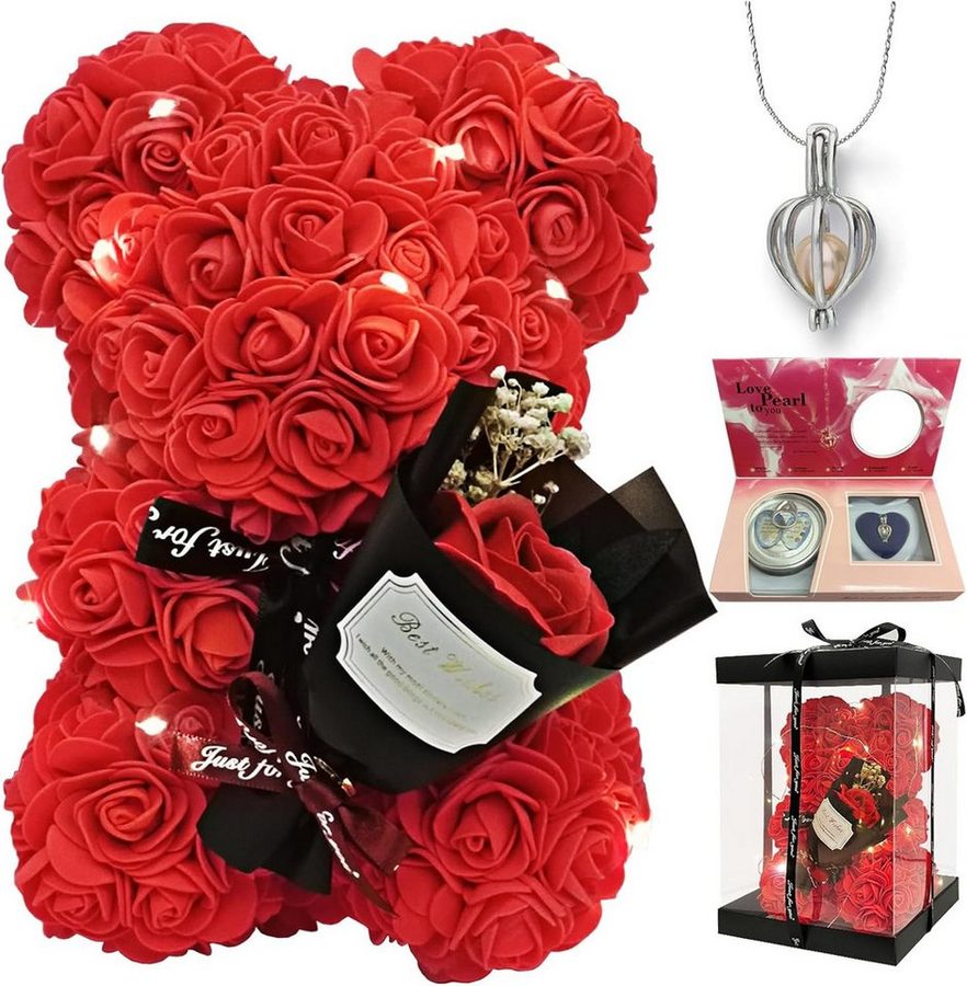 Kunstblumenstrauß Romantischer Rosen-Teddybär Geschenkset mit LED-Licht und einer Halskette aus echten Süßwasserperlen, Valentinstagsgeschenk für Ihre Freundin, Ehefrau, Mutter und andere Frauen, Vivitar, Rosenbär mit Perlen-Überraschungsbox (Blindbox-Perlen-Set) von Vivitar