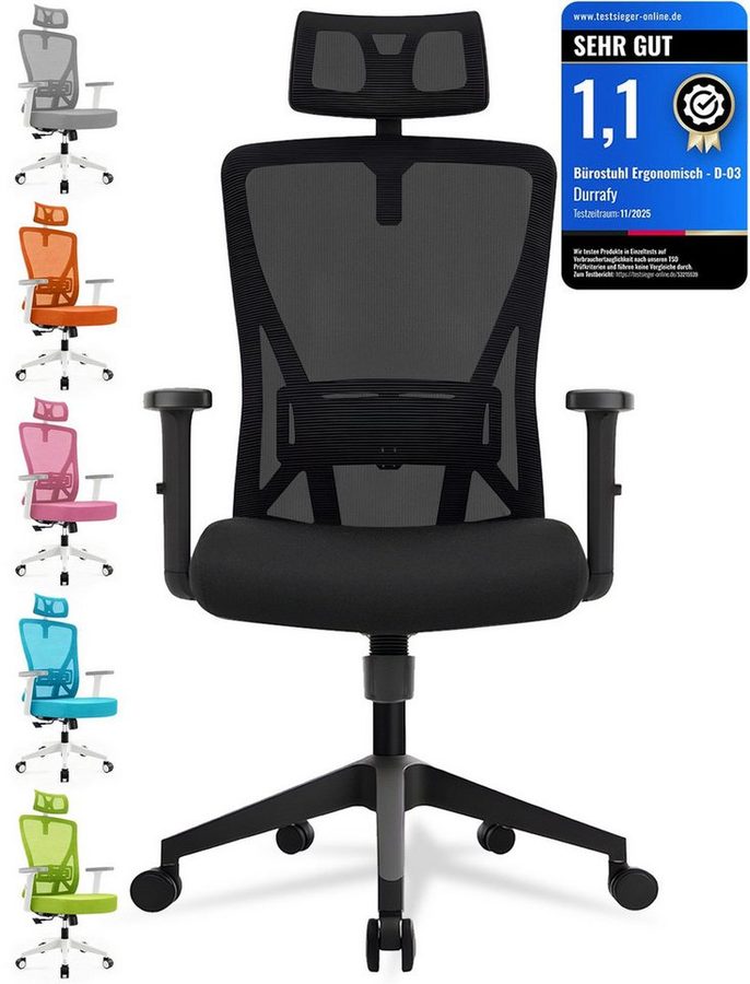 Durrafy Bürostuhl 200kg Ergonomischer Bürostuhl-Verstellbare Lordosenstütze (Verstellbare Lendenwirbelstutze + Kopfstutze + hohenverstelbare Armlehnen),bis zu 130° neigbar, atmungsaktives Netzgewebe, Drehstuhl),bis zu 130° neigbar, atmungsaktives Netzgewebe, Drehstuhl) von Durrafy