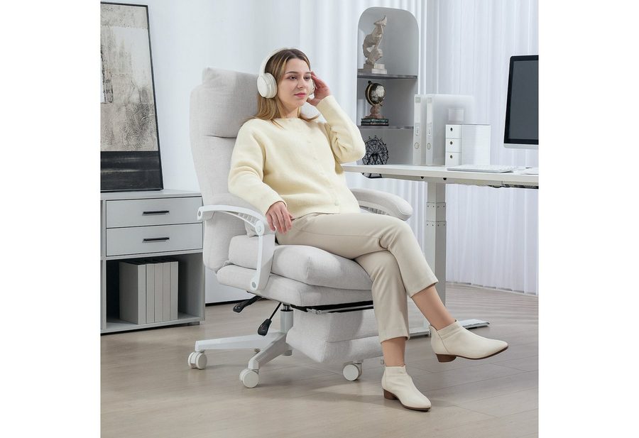 HOMCOM Schreibtischstuhl Bürostuhl mit Lendenwirbelstütze, Höhenverstellbarer Drehstuhl (höhenverstellbarer Arbeitsstuhl, 1 St), 70 x 68 x 114-122 cm, Cremeweiß von HOMCOM
