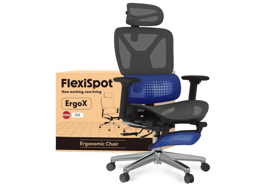 FLEXISPOT Bürostuhl ErgoX, Schreibtischstuhl Premium Ergonomischer (Rückenlehne verstellbar 90°-135°, 3D-Armlehnen, 3D-Kopfstütze, 5D-verstellbare Rückenlehne), Chef-Mesh-Bürostuhl, 130KG Tragkraft, mit Fußstütze von FLEXISPOT