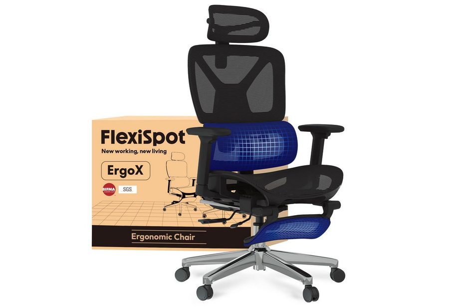 FLEXISPOT Bürostuhl ErgoX, Schreibtischstuhl Premium Ergonomischer (Rückenlehne verstellbar 90°-135°, 3D-Armlehnen, 3D-Kopfstütze, 5D-verstellbare Rückenlehne), Chef-Mesh-Bürostuhl, 130KG Tragkraft, mit Fußstütze von FLEXISPOT