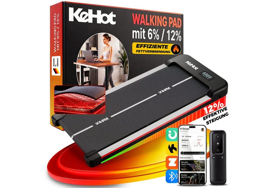 kehot Laufband Flaches WalkingPad mit 12% Steigung & Leisem Motor für Home & Office (Kompakte Laufplatte mit 1–6 km/h,Bluetooth-APP,Gelenkschonendem Design, 40×95 cm Lauffläche, LED-Display für Zeit, Distanz, Kalorien & Tempo), Stabile Konstruktion bis 100 kg,ideal zum Gehen unter dem Schreibtisch von kehot
