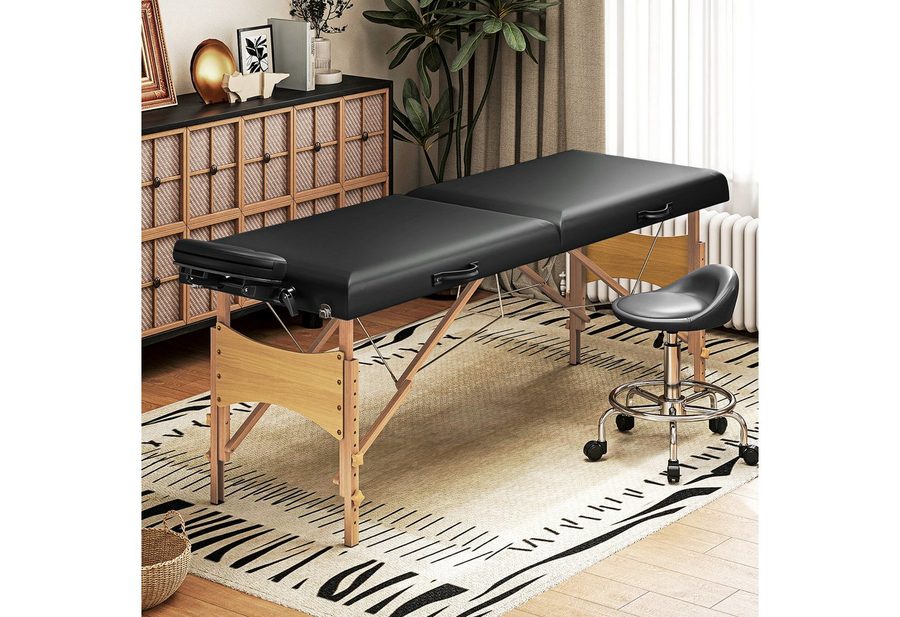 HOMCOM Massageliege 2 Zonen Klappbar Massagetisch Höhenverstellbar Massagebank (Kosmetikliege, 1-St., Massagebett), 70 cm Breit mit Kopfstütze, Holzfüßen Schwarz von HOMCOM