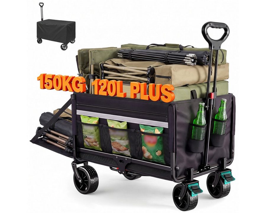 HOMECALL Bollerwagen Gartenwagen mit Heckklappe,Regenschutz, Bremsen Handwagen (Kapazität erweiterbar durch 2 Aufbewahrungstaschen, 120L+ , Campingwagen mit Reflektorstreifen), Für Einkaufen, Camping, Garten, Dogs von HOMECALL