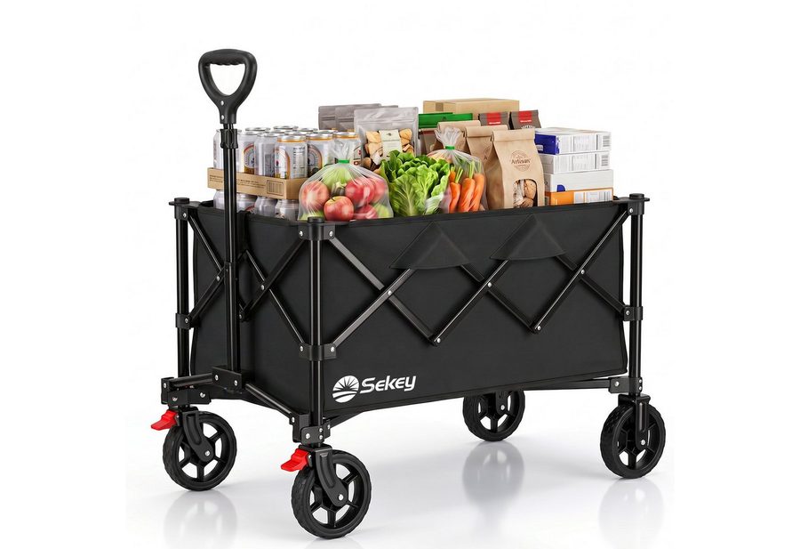 Sekey Bollerwagen Bollerwagen Faltbar Handwagen Belastbar bis 150kg Transportwagen, Zusammenfaltbar aus 4 Richtungen, mit verstellbarem Handgriff von Sekey