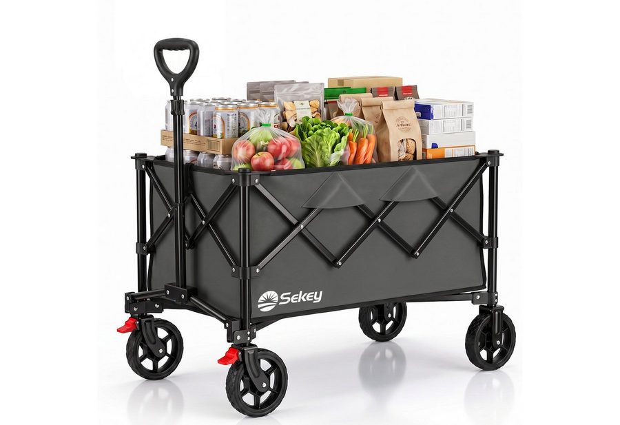 Sekey Bollerwagen Bollerwagen Faltbar Handwagen Belastbar bis 150kg Transportwagen, Zusammenfaltbar aus 4 Richtungen, mit verstellbarem Handgriff von Sekey