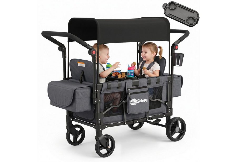 Sekey Bollerwagen für Kinder zum Sitzen, Bollerwagen Faltbar Kinderwagen für 2 Kinder, Duo Schiebegriff Kinderwagen mit 2 integrierten 5-Punkt-Gurtsystem von Sekey