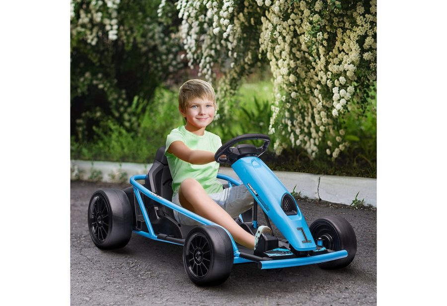 HOMCOM Elektro-Kinderauto Kinder Elektro Gokart 24 V Drift Kart mit Langsamem Start, Musik, Belastbarkeit 70 kg, (1-tlg), für 8-12 Jahre Kinder, Blau von HOMCOM