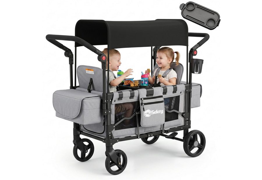 Sekey Bollerwagen für Kinder zum Sitzen, Bollerwagen Faltbar Kinderwagen für 2 Kinder, Duo Schiebegriff Kinderwagen mit 2 integrierten 5-Punkt-Gurtsystem von Sekey