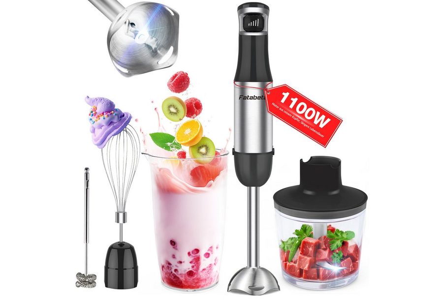 7MAGIC Stabmixer Elektrischer Stabmixer Set 5 in 1 Pürierstab Edelstahl Handmixer, 1100 W, Stabmixer Variable Geschwindigkeiten für Babynahrung, Suppe, Smoothie von 7MAGIC