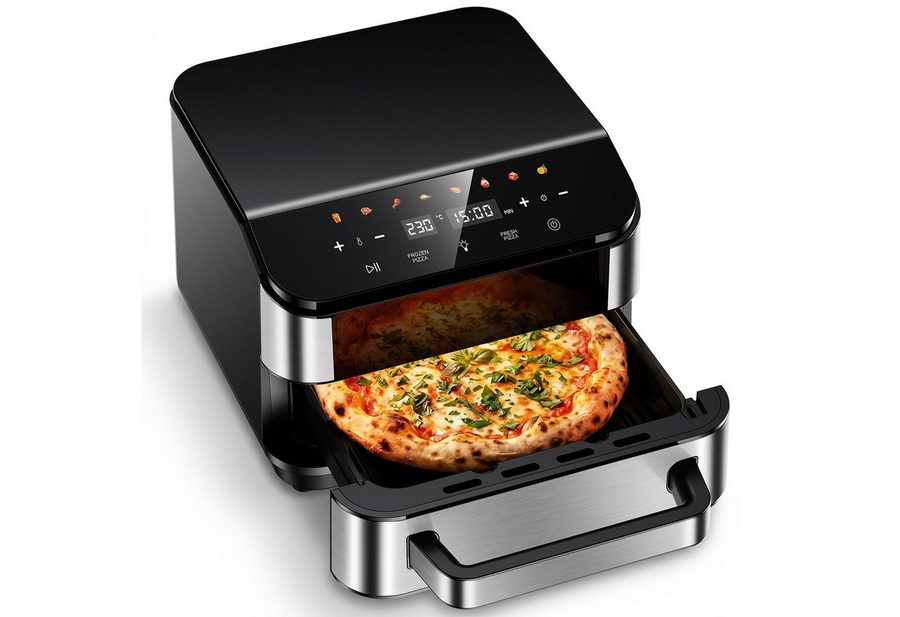 oyajia Heißluftfritteuse 2in1 Pizzaöfen & Airfryer, Pizzaprogramme, 8 Garprogramme, optimale Wärmeverteilung, extra breite Form, mit Sichtfenster, 4L, 2800,00 W, 10 Zoll Steinplatte, Temperatur 40–230°C Timer 1–60 Min, Fettwanne von oyajia