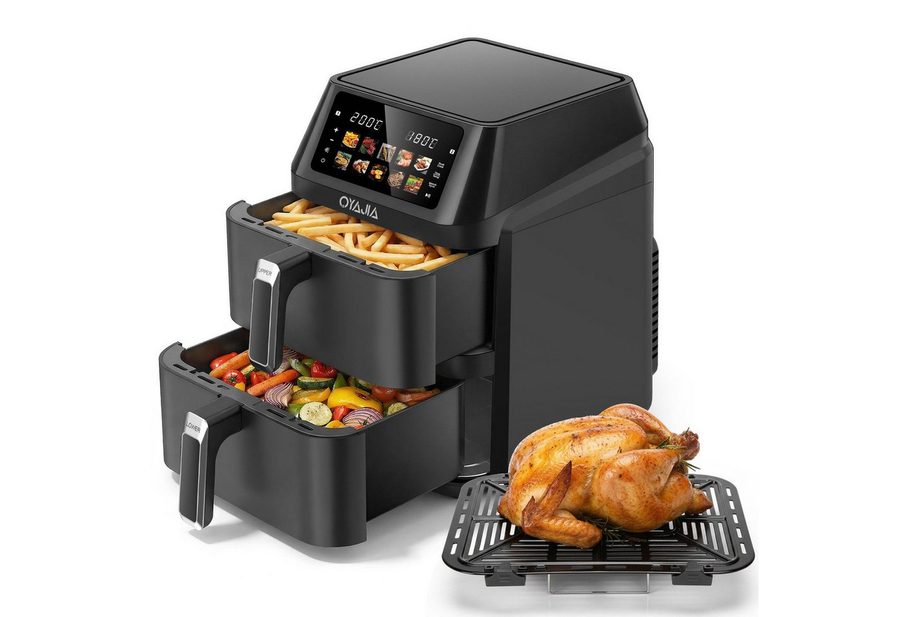 oyajia Heißluftfritteuse Airfryer XXL Dual Zone, 2 vertikale Schubladen, 10 Kochfunktionen, 2600,00 W, Heißluftfritteuse, 32% platzsparender, Sync und Match-Funktion von oyajia