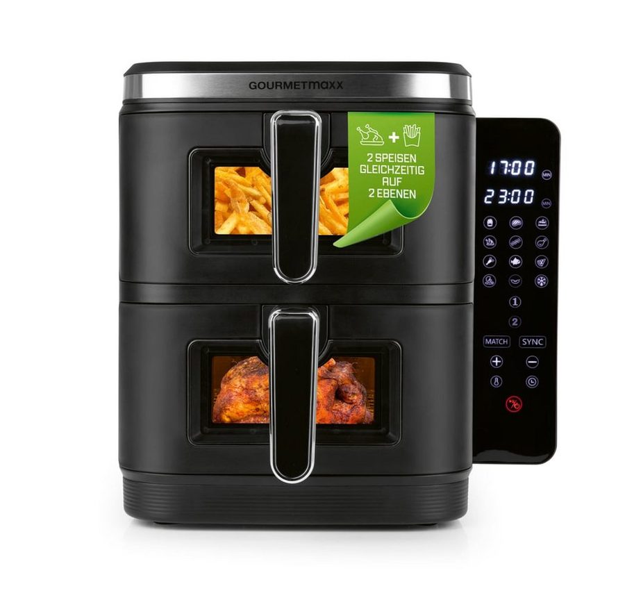 GOURMETmaxx Heißluftfritteuse FryUp Vertikale Doppelkammer-Heißluftfritteuse, 10 l - Touchscreen, Sichtfenster, 2800 W, Power von 2 Fritteusen in einem mit Sichtfenster 12 Programme von GOURMETmaxx