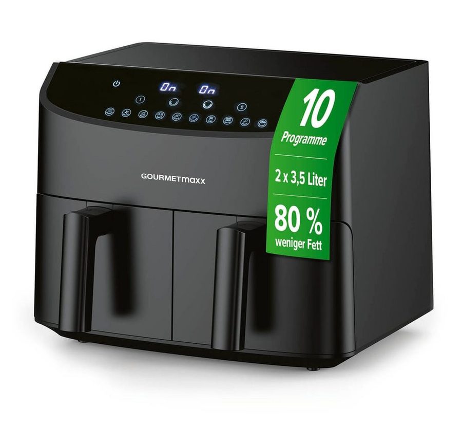 GOURMETmaxx Heißluftfritteuse Doppelkammer-Heißluftfritteuse 2x 3,5L,  Airfryer, 2400 W, Pommes & Nuggets fettarm zubereiten 2400 Watt 9 Funktionen bis 230° von GOURMETmaxx